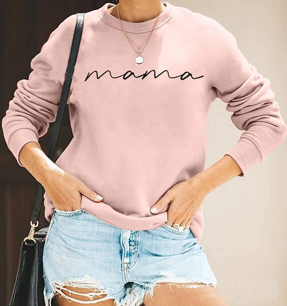 Chic & Comfy Womens Crewneck Sweatshirt with Mama Letter Print - Perfect for Moms!