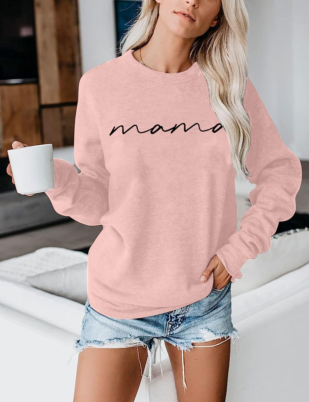 Chic & Comfy Womens Crewneck Sweatshirt with Mama Letter Print - Perfect for Moms!