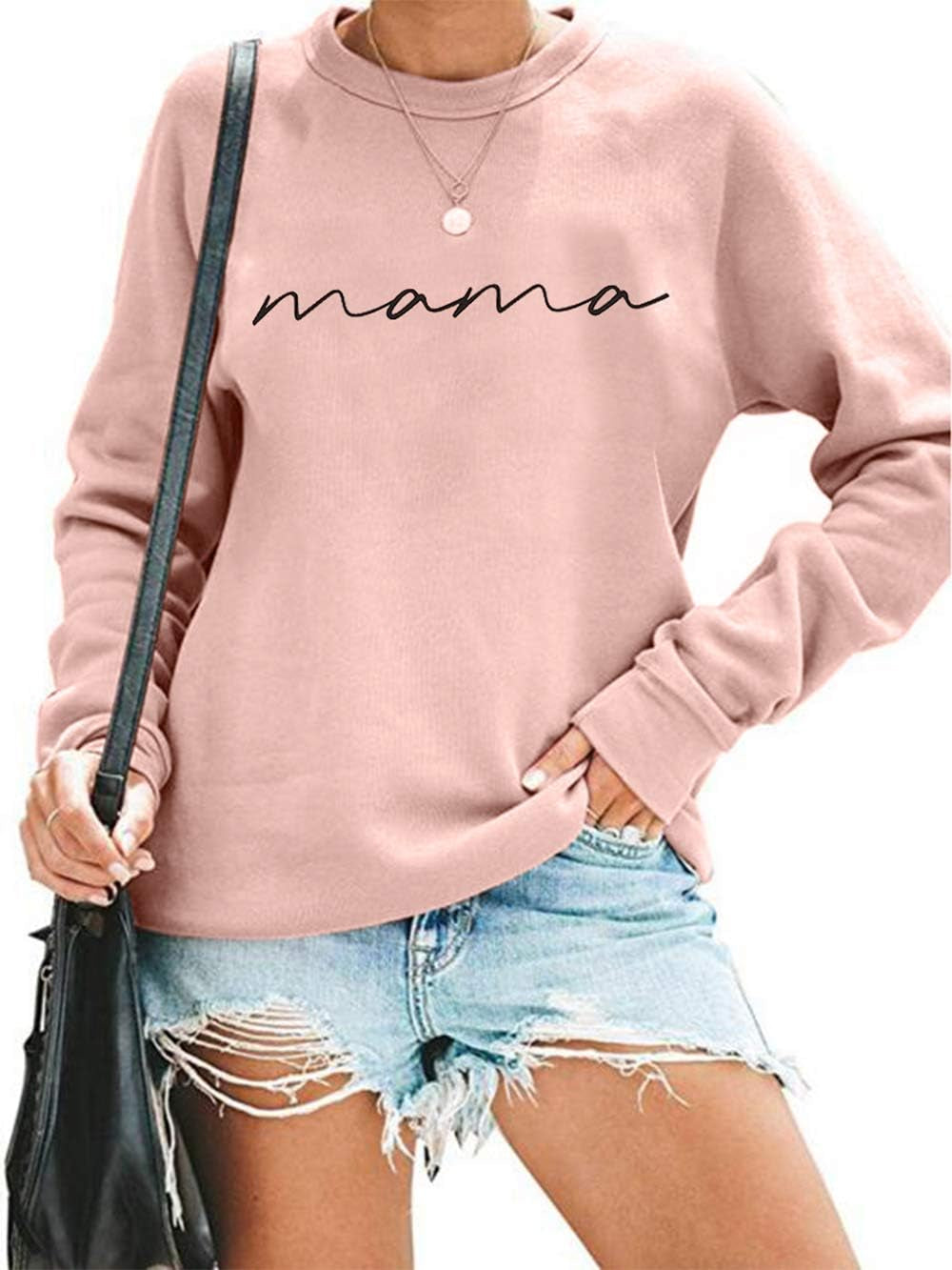Chic & Comfy Womens Crewneck Sweatshirt with Mama Letter Print - Perfect for Moms!
