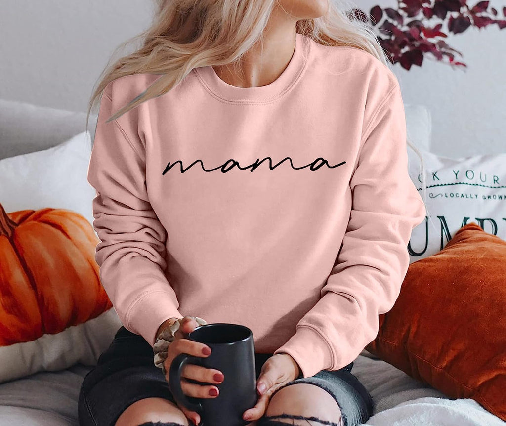 Chic & Comfy Womens Crewneck Sweatshirt with Mama Letter Print - Perfect for Moms!